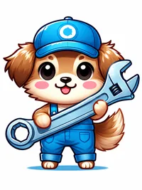 コムちゃん(青い帽子と作業着でレンチを持った犬のキャラクター)