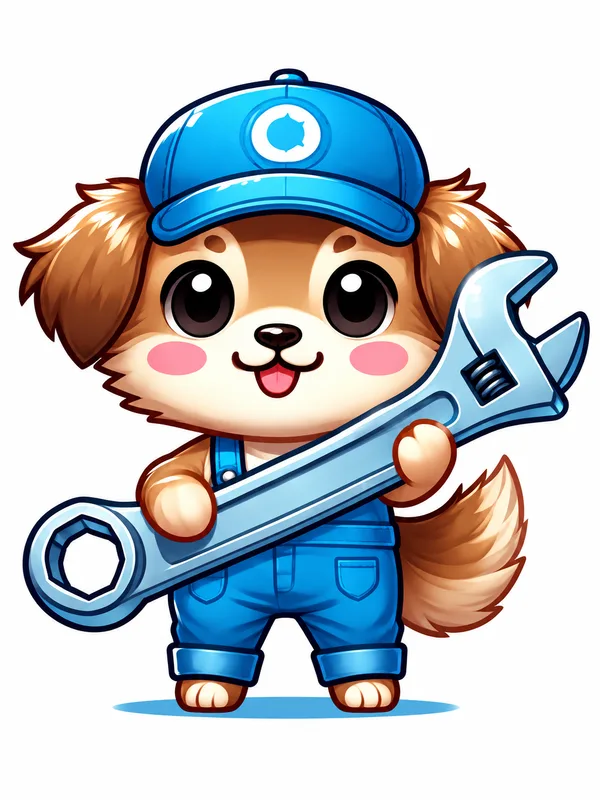 コムちゃん（青い帽子と作業着でレンチを持った犬のキャラクター）